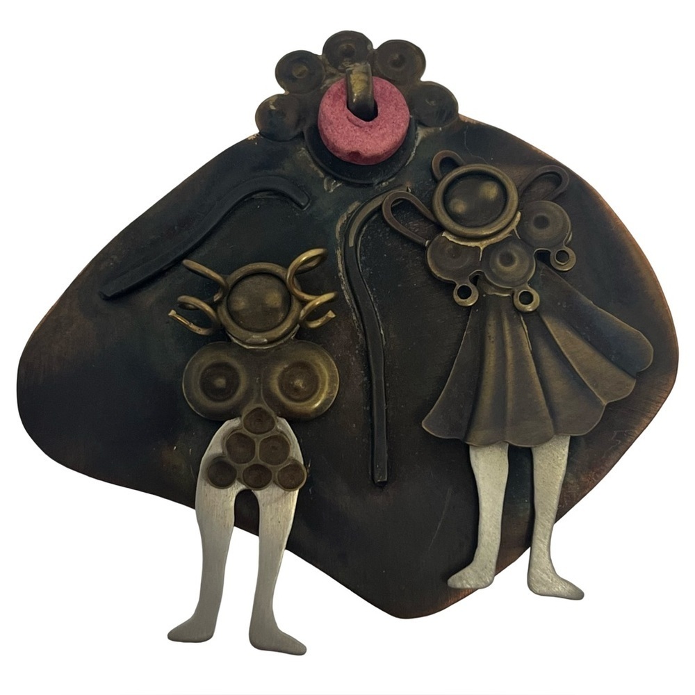 Vintage Artisan Brutalist Bronze and Silver Brooch with Pink Accent